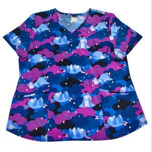 Disney Eeyore Scrub Shirt Top Sz XL Extra Large Women Purple Stretch Rain Clouds